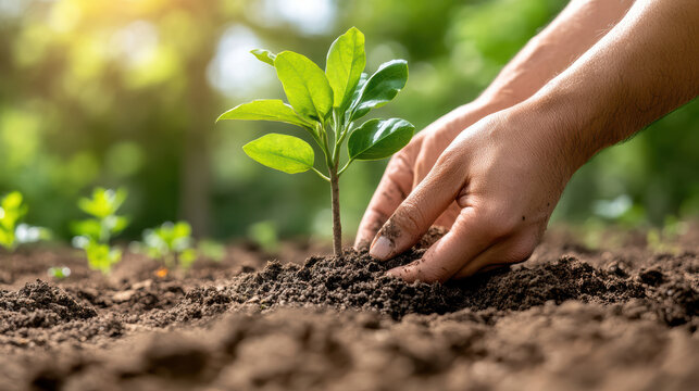 Young plant hands soil gardening seedling planting sunlight nature growth outdoors