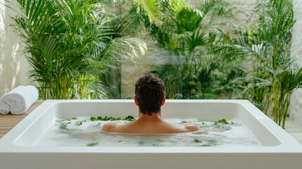 Relaxing herbal bath, spa tub, man soaking, tropical plants