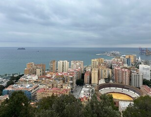 Panoramic view of the coastal city Málaga with bullring, port and Mediterranean Sea, Andalusia, Spain, February 2025