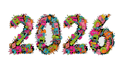 Vibrant 2026: A colorful and imaginative artwork showcases the number '2026' through a multitude of quirky, cartoonish characters and vibrant designs, sparking curiosity and creativity