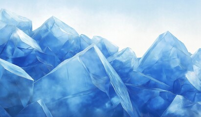 Obraz premium Digital art illustration of icy field with sharp blue crystal formations and clear sky background, icy peaks against bright white backdrop