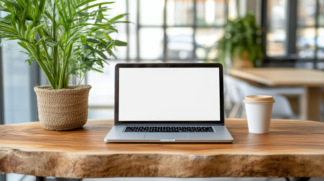Cozy laptop workspace by window with plant and coffee cup, warm natural light