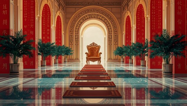 Throne room interior design luxury palace architecture red carpet royal chair golden archway