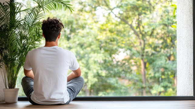 Young man sitting cross legged by window enjoying peaceful green view - Powered by Adobe