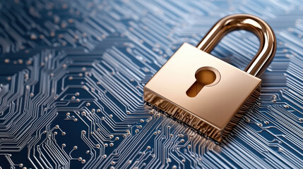 Golden padlock on circuit board symbolizing digital security and trust
