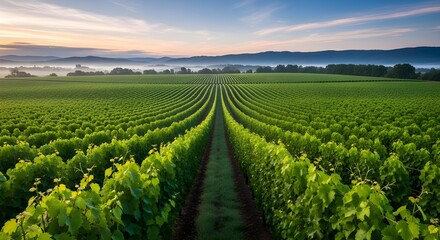 Expansive vineyard rows under a sunrise sky