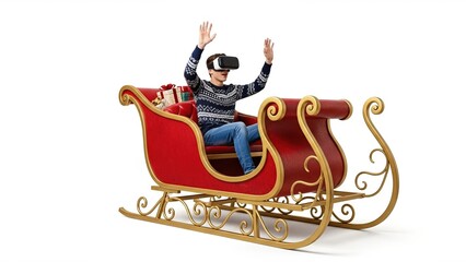 Immersive virtual reality ride: man enjoys vr experience in festive sleigh on white background