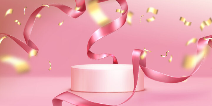 Pink podium stage with gold confetti and curved ribbon on pastel background. 3d winner platform display for award ceremony or product presentation. Festive celebration scene with shiny streamers.