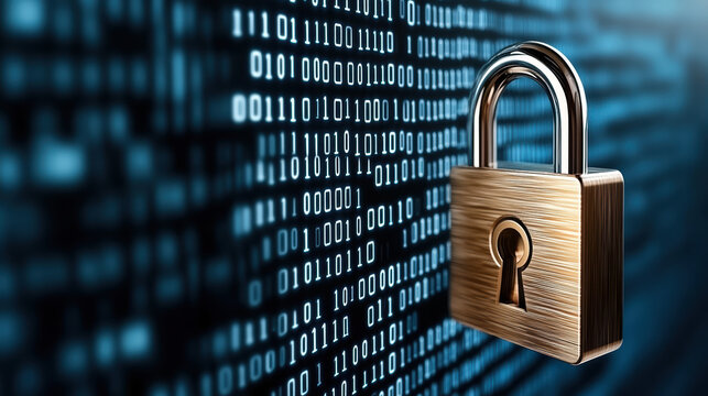 Digital lock cybersecurity concept glowing binary code background conveying data protection