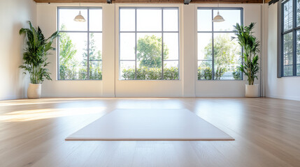 Fototapeta premium Bright sunlit yoga studio with mat on wooden floor and green plants