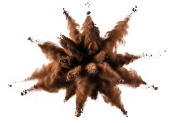Brown powder exploding outward with fine dust particles, cut out, stock png, isolated on transparent background