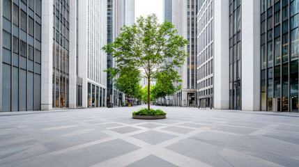 Young green tree centered modern urban plaza with highrise buildings and clean geometric pavement