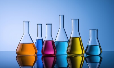 Set of beakers filled with colorful liquid arranged in row on reflective surface against blue background, scientific exploration innovation