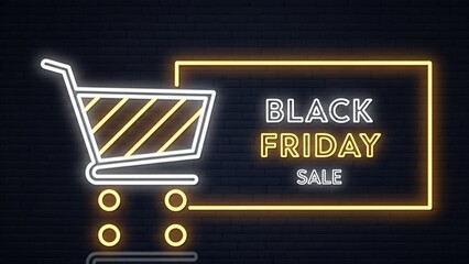 Neon shopping cart and black friday sale sign on dark brick wall background