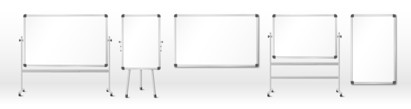 Fototapeta Whiteboard office mockup with tripod stand - 3D realistic presentation board for business meetings and classroom training. Blank white magnetic surface with frame for charts and brainstorming session