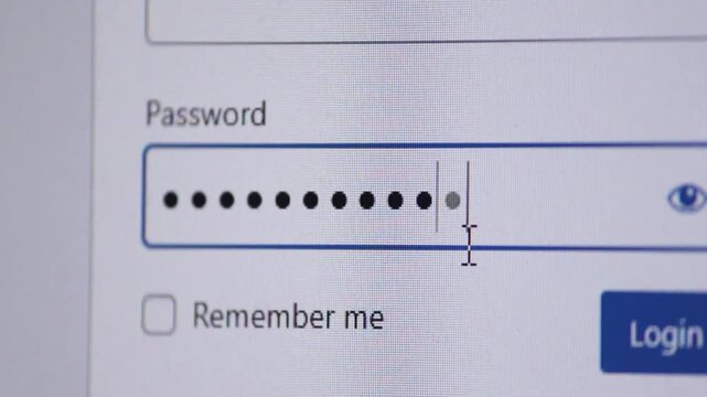 Close-up concept footage showing a password being typed and the login button pressed, highlighting themes of cybersecurity, online privacy, data protection, and secure digital authentication