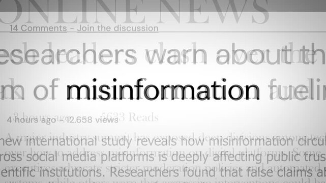 Concept video highlighting the spread of online misinformation, featuring flashing headlines about research warnings, public trust, and the growing impact of false digital content