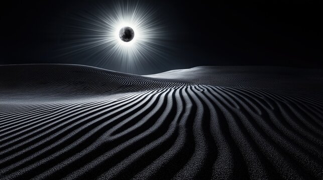 Black sand dune landscape with ripples in eclipse light, suns corona reflected on ground, small dark glass sphere in center