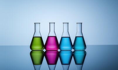 Set of four beakers filled with colorful liquid arranged in artistic pattern on left side against blue gradient background, vibrant colors reflections