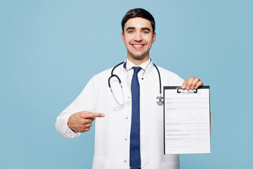 Young male doctor man wear white medical gown suit work in hospital clinic office hold point on...