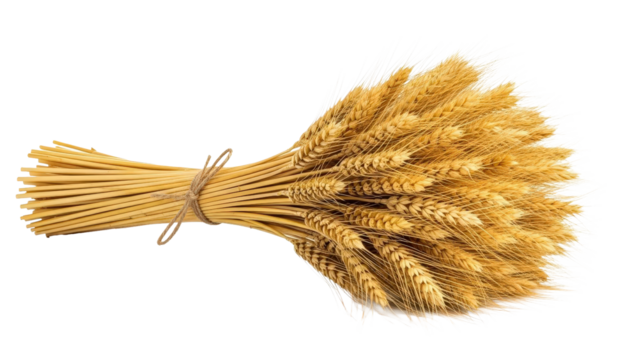 Bundle of golden ripe wheat stalks tied with twine, cut out, stock png, isolated on transparent background