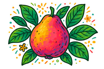 Vibrant Guava Fruit with Fresh Green Leaves, Realistic Illustration, Isolated on White