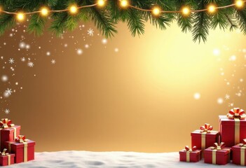 Merry Christmas and Happy New Year gold shiny background with 3d gift boxes and fir branches, card or congratulation poster template with place for text