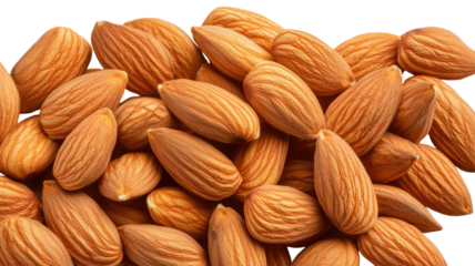 Natural pile of whole brown almonds arranged in a small mound showing textured shells and organic shapes isolated on white background