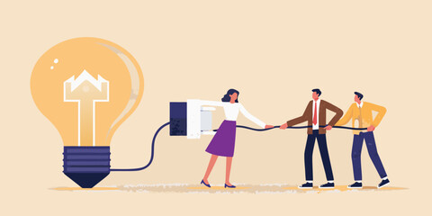 Teamwork connecting to a big idea plugging in a lightbulb with collaboration