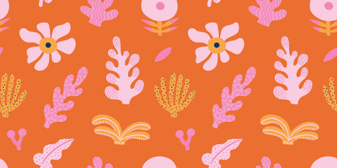 Seamless jungle tropical abstract pattern with palm tree leaves, pink flowers. Summer texture. Vector illustration. Orange background. © Anna