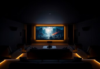 Fototapeta premium Home Theater Room with Large Screen Displaying Fantasy Art
