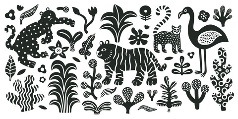 Jungle tropical abstract stickers set with palm tree, leaves, flowers, tiger, flamingo, leopard, lemur. Black and white silhouette illustration collection. Cute doodle style. White background. © Anna
