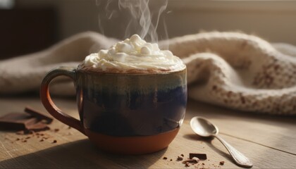 Steaming mug of hot chocolate topped with whipped cream on a cozy table.