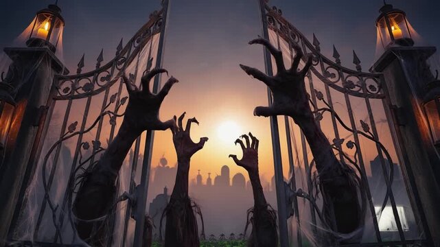Low-angle shot of a garden gate transformed into a cemetery entrance. Animated zombie hands are slowly reaching up from behind the gate, grasping at the air