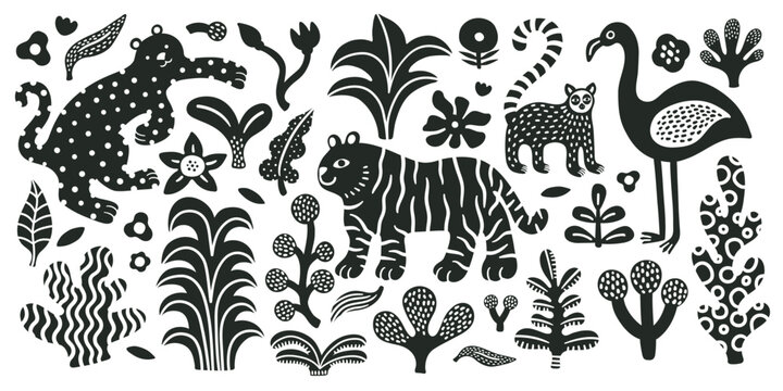 Jungle tropical abstract stickers set with palm tree, leaves, flowers, tiger, flamingo, leopard, lemur. Black and white silhouette illustration collection. Cute doodle style. White background.