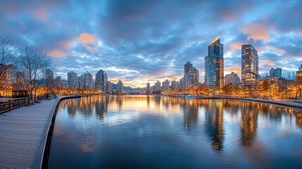 Naklejka premium Blue hour city reflection calm water open middle zone
