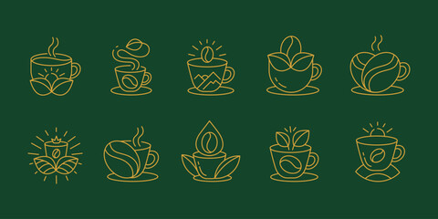 Coffee Product Icons Set. Line Art Style Logo Featuring Cups, Beans, and Leaves. Modern Minimalist
