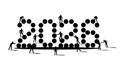 Building a Vision: Miniature figures collaborate to construct the numeric symbol 2025, embodying the spirit of innovation, teamwork, and collaborative progress.