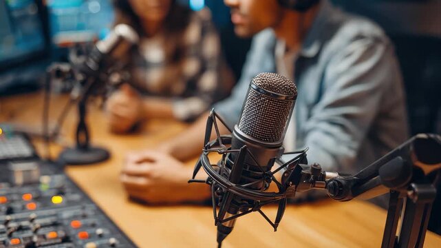 Cropped view of two radio hosts engaged in podcast recording at a studio, surrounded by equipment and engaging conversation during a creative session late in the day