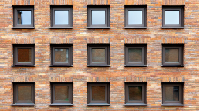 Compact brick apartment facade with repetitive square windows creating calm rhythm