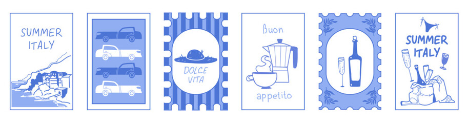 Summer Italy postcard stamp set with Amalfi coastal sketches in vintage blue style - Mediterranean beach landscape, retro cars, dolce vita hat, wine and coffee. Italian vacation themed cards