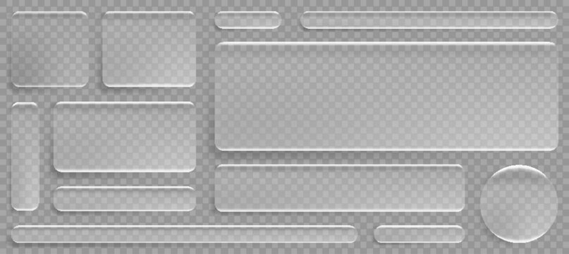 Liquid glass ui rectangle button collection with transparent frame effect - rounded corner boxes with frosted acrylic texture. Modern 3d interface design kit for overlay mockups or web elements.