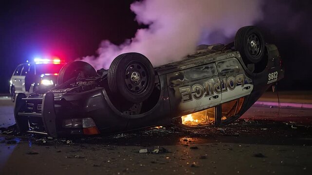 Low-angle shot of an overturned, burned-out police car, its lights still flickering erratically. Wisps of smoke rise from the chassis
