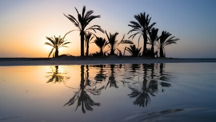 Serene palm tree silhouettes reflected in calm water during a beautiful sunset