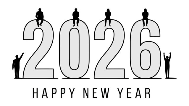 New Year 2026 Celebration: Creative composition to welcome the new year with large figures, and people silhouettes, and festive wishes