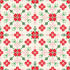 Geometric pixel art pattern. Abstract pixel art geometric ethnic pattern design for fabric, carpet, tile, rug, clothing, festive , Christmas,  background. Vector pixel art seamless motif ethnic.