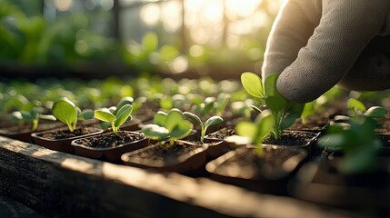A gloved hand carefully plants a seedling in a tray of soil in a greenhouse, with soft sunlight filtering through.