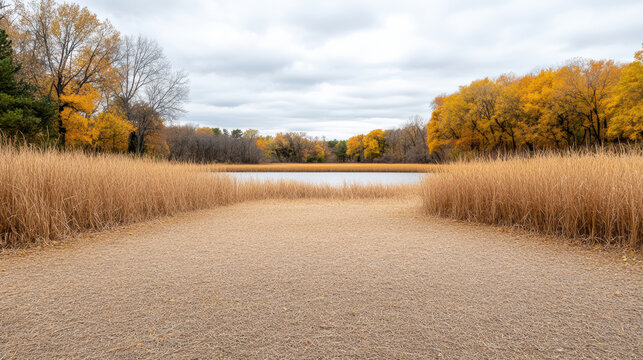 Golden reed pathway to calm lake with autumn trees and overcast sky