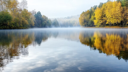 Calm foggy lake soft pastel reflections autumn trees misty shoreline