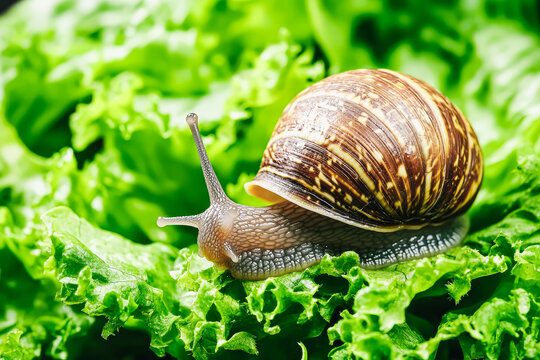 This close-up image features a snail gracefully resting on fresh green lettuce leaves, showcasing its intricate shell and soft textures - Powered by Adobe